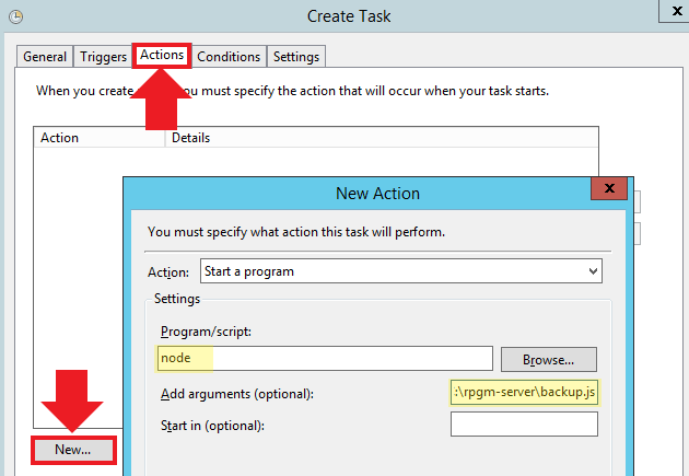 Setting the task action
