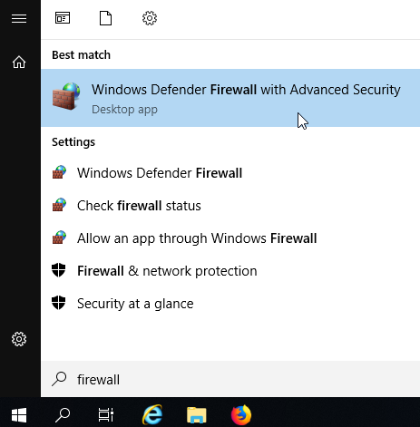 Windows Start menu with Windows Defender Firewall selected