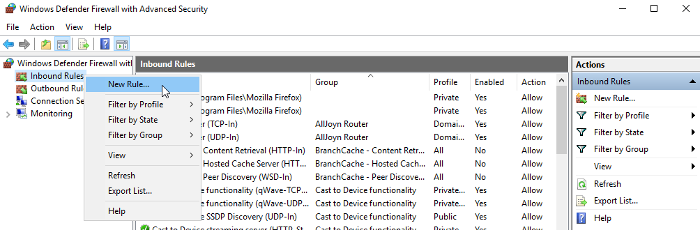 Windows Firewall screen with context menu for creating a new rule