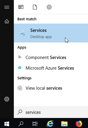 Windows Start menu with Services selected